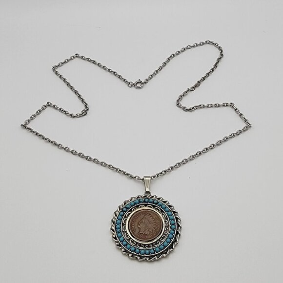 Vtg. 1907 USA Indian Head Penny And Turquoise Pendant Necklace Silver-Tone 24 In - Picture 4 of 9